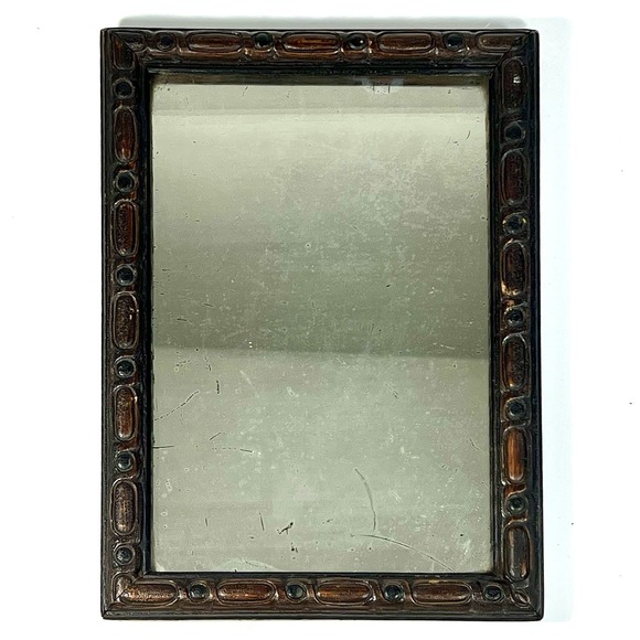 Other - Antique Hand Carved Wood Framed Mirror Free Standing 7" x 10" Rustic Folk‎ Art